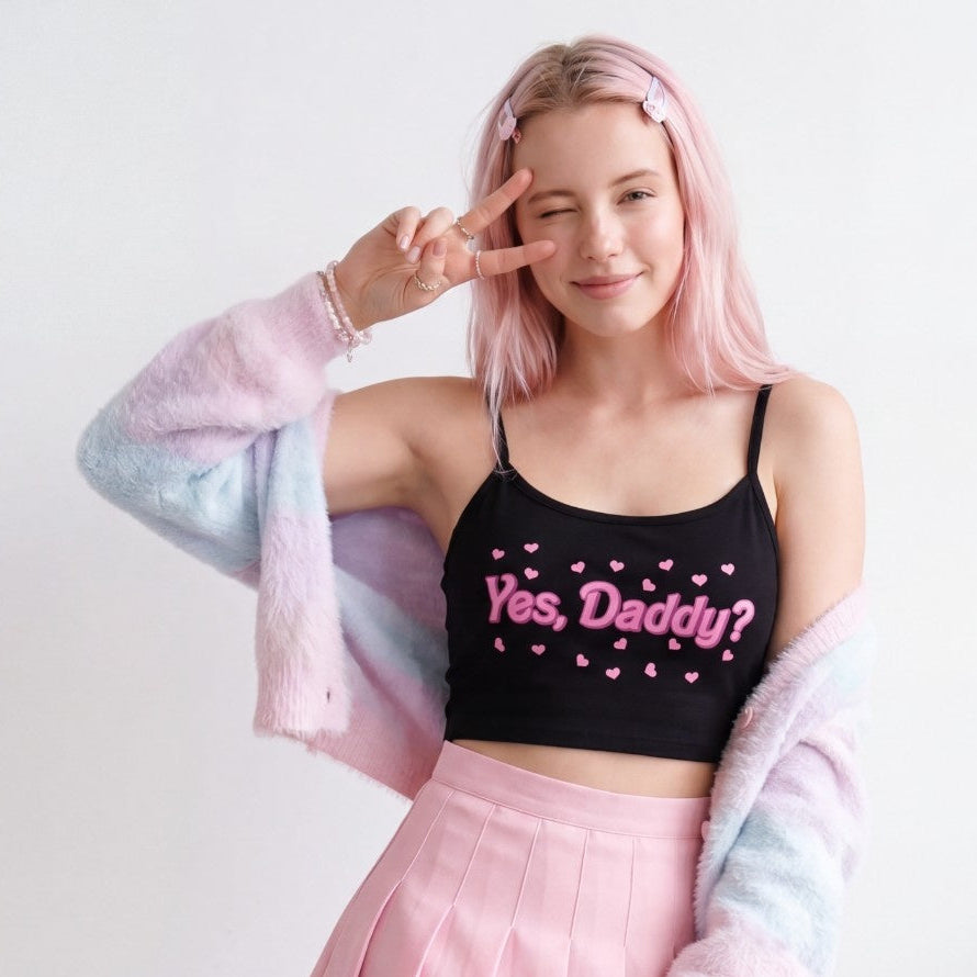 Black Yes Daddy cami crop top front view, soft and comfy fabric with cropped fit, ideal for pairing with high