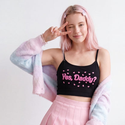 Black Yes Daddy cami crop top front view, soft and comfy fabric with cropped fit, ideal for pairing with high