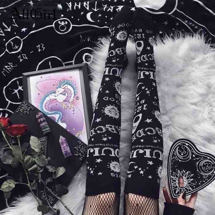Yin and yang black and white Ouija stockings with occult prints for soft gothic kawaii fashion