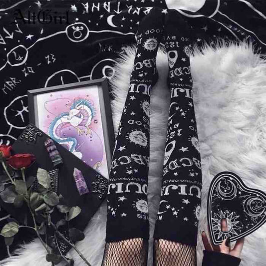 Yin and yang black and white Ouija stockings with occult prints for soft gothic kawaii fashion